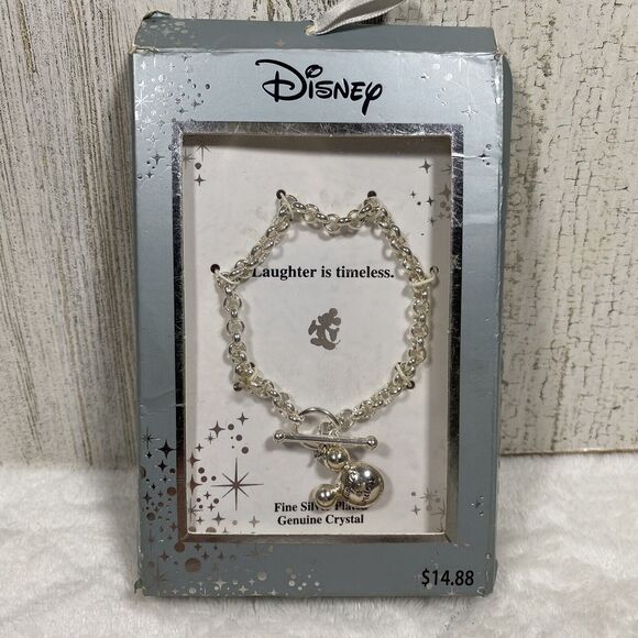 Disney Silver Plated Laughter is Timeless Mickey Ears Bracelet with Crystals - Picture 1 of 3